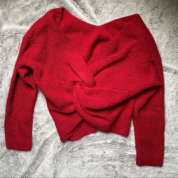 Back Twist Bright Merry Red V Neck Sweater - Picture 7 of 13